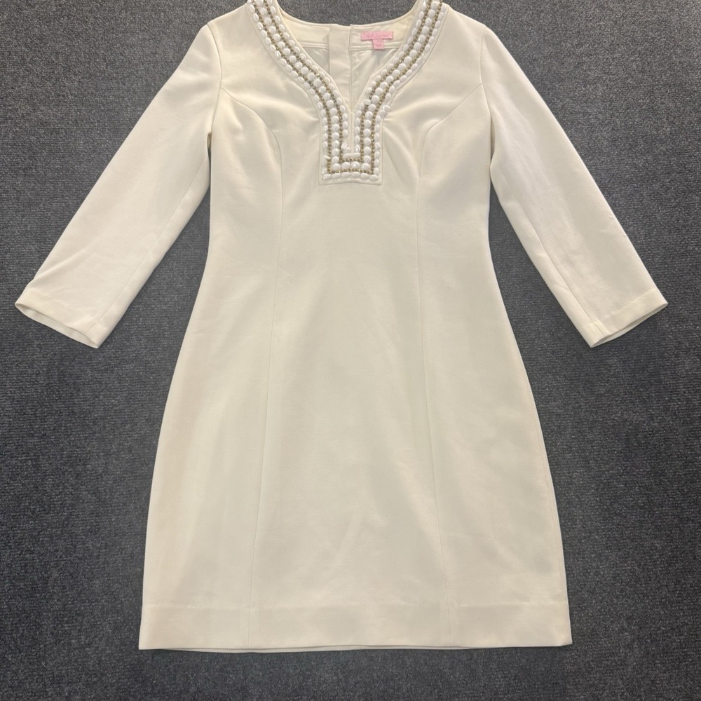 Lilly‎ Pulitzer White Beaded Neck Sheath Dress Size 4 Lined 3/4 Sleeve Classic